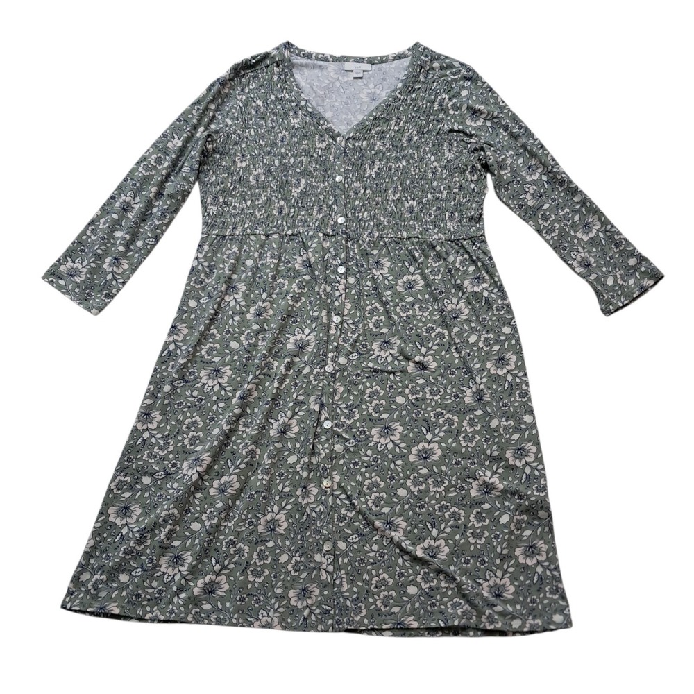 J. Jill Smocked Button Front Dress Women's Small Green Floral Knee Length A Line